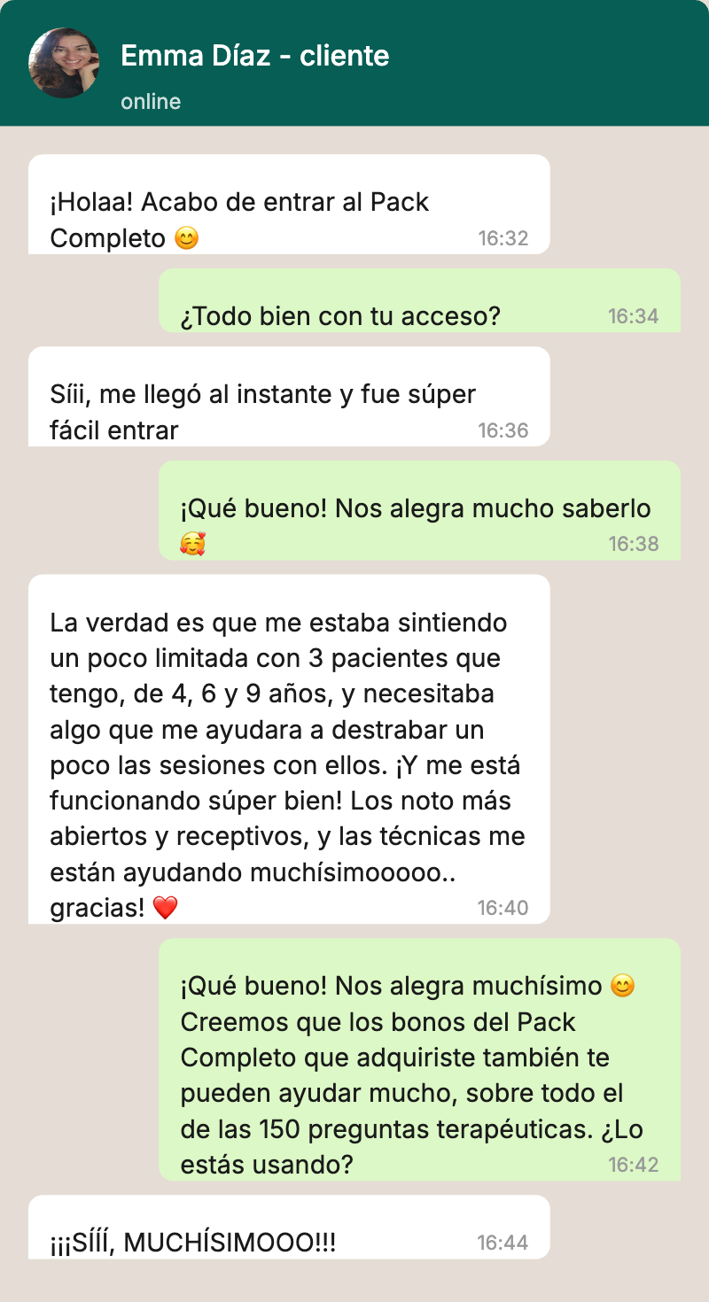 Conversación de una clienta sobre el Pack Completo